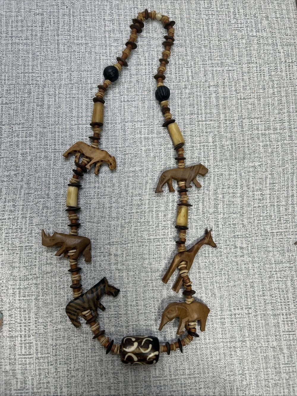 Vintage African Safari Animals Necklace Hand Carved Wood 16” Tribal Vintage